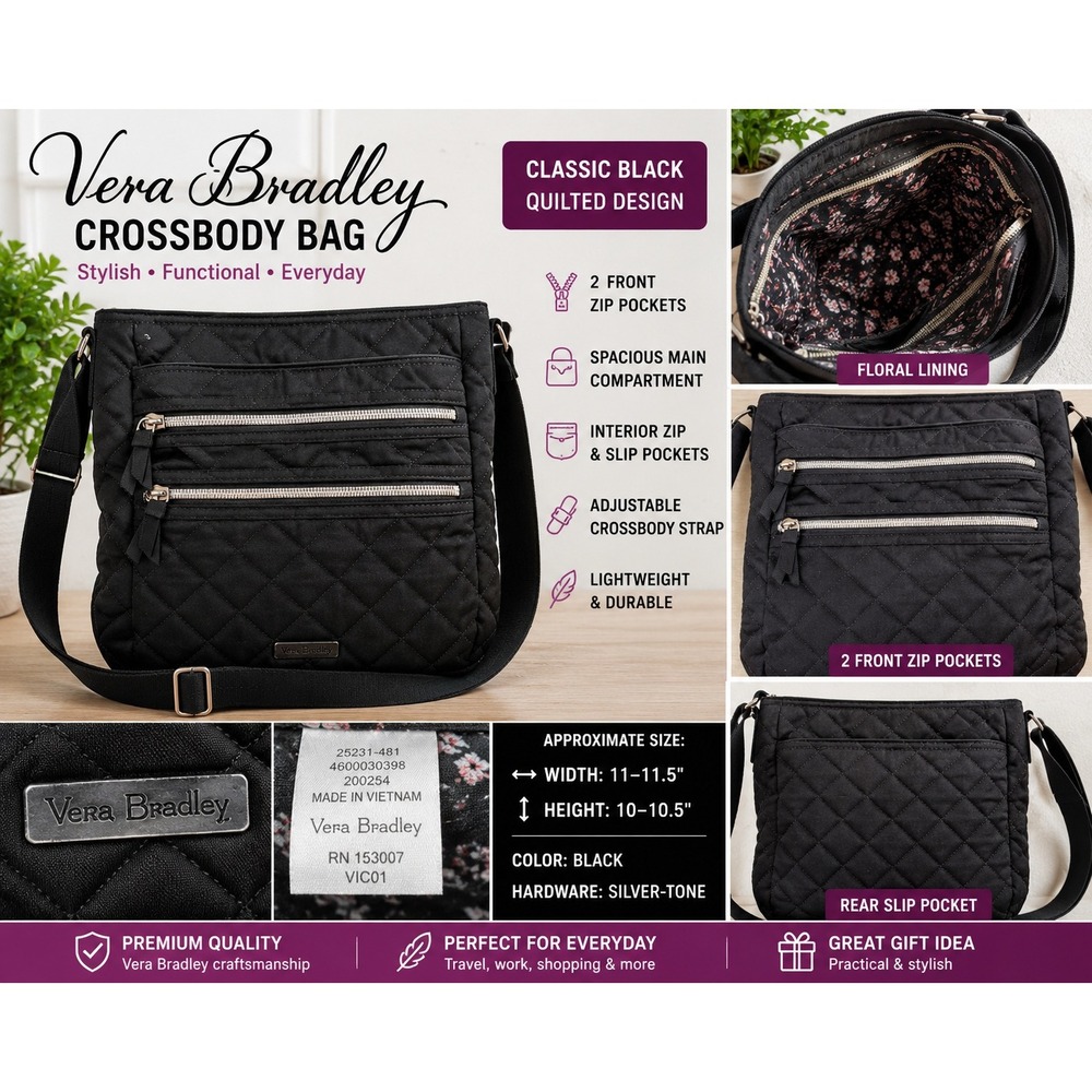 Vera Bradley Black Quilted Crossbody Bag Floral Lining 25231-481